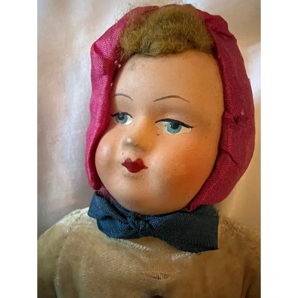 Vintage Cloth Doll Painted Face Bonnet Blue Velvet Dress Handmade 11
